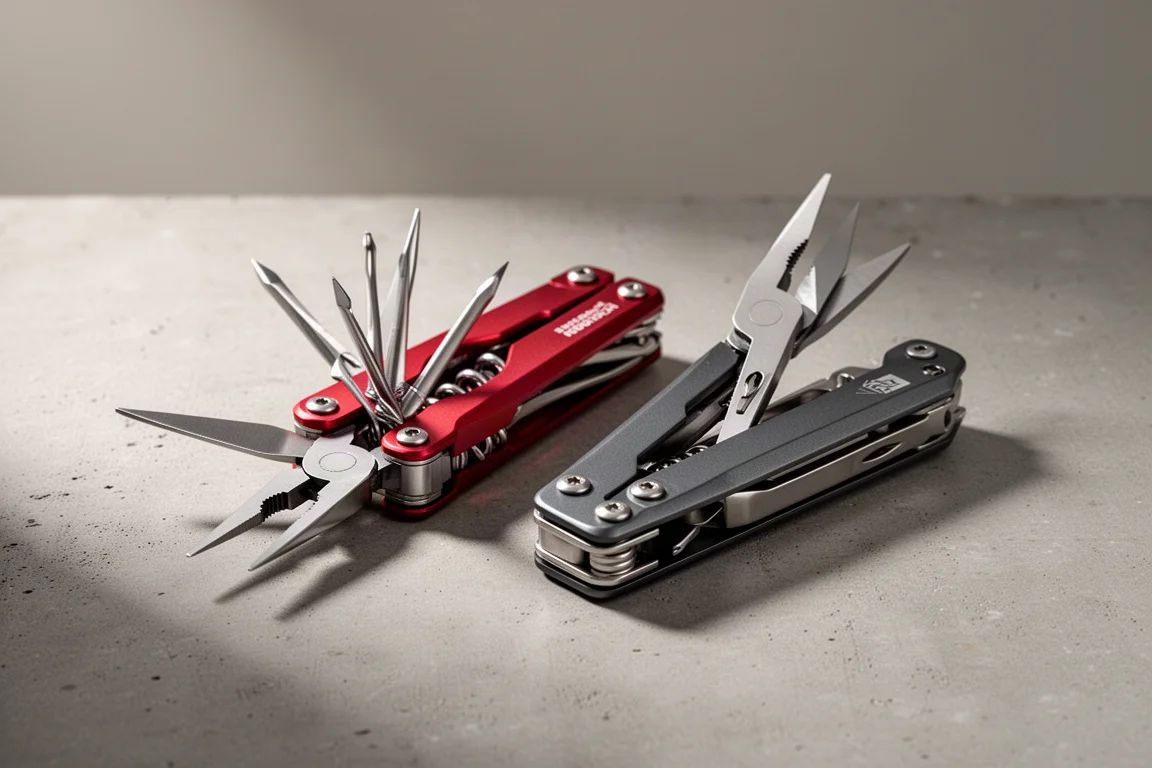 Zwei Multitools in Standardgröße nebeneinander, eines rot und eines dunkelgrau, auf Beton
