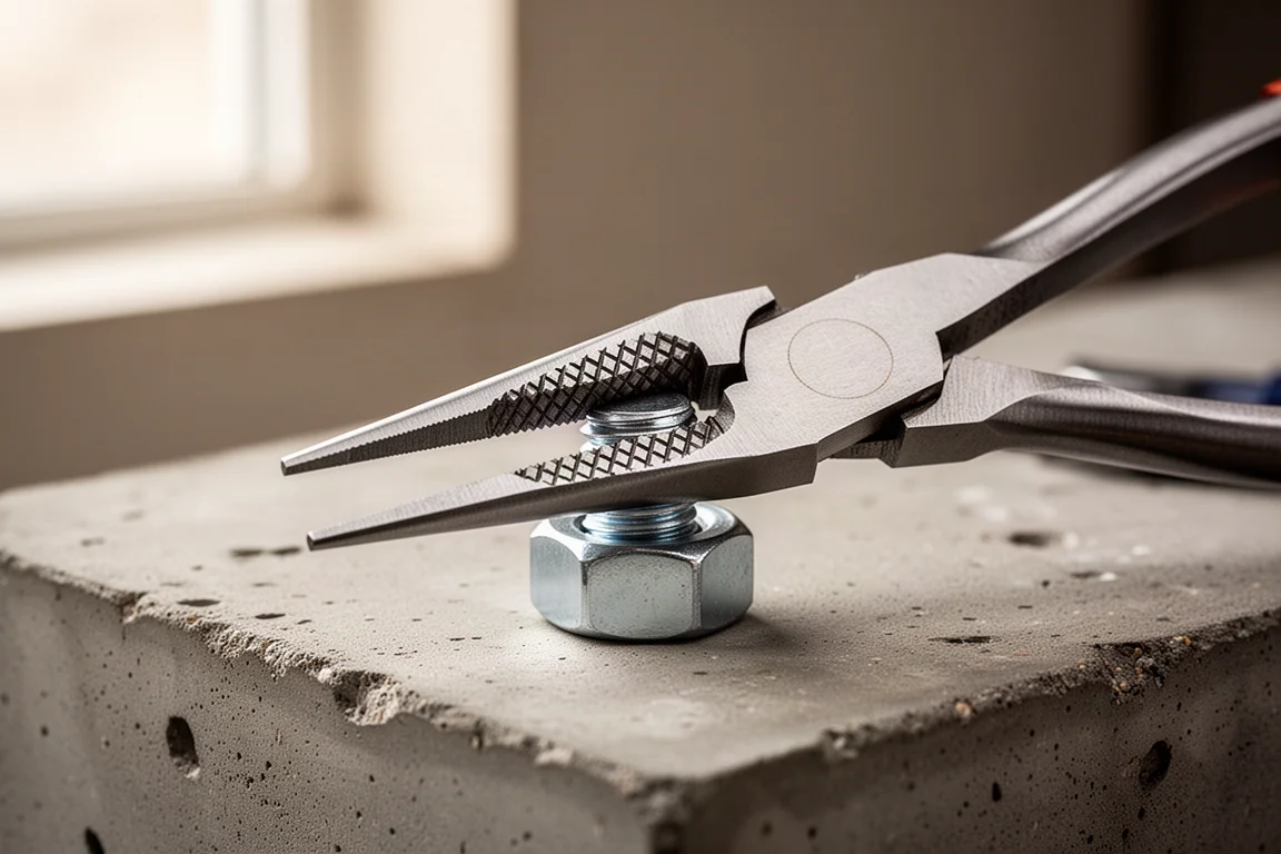 Long nose pliers jaws gripping a large hex bolt on a workbench