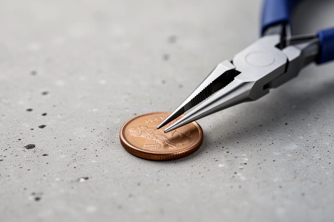 Plier jaws picking up a coin from a concrete surface