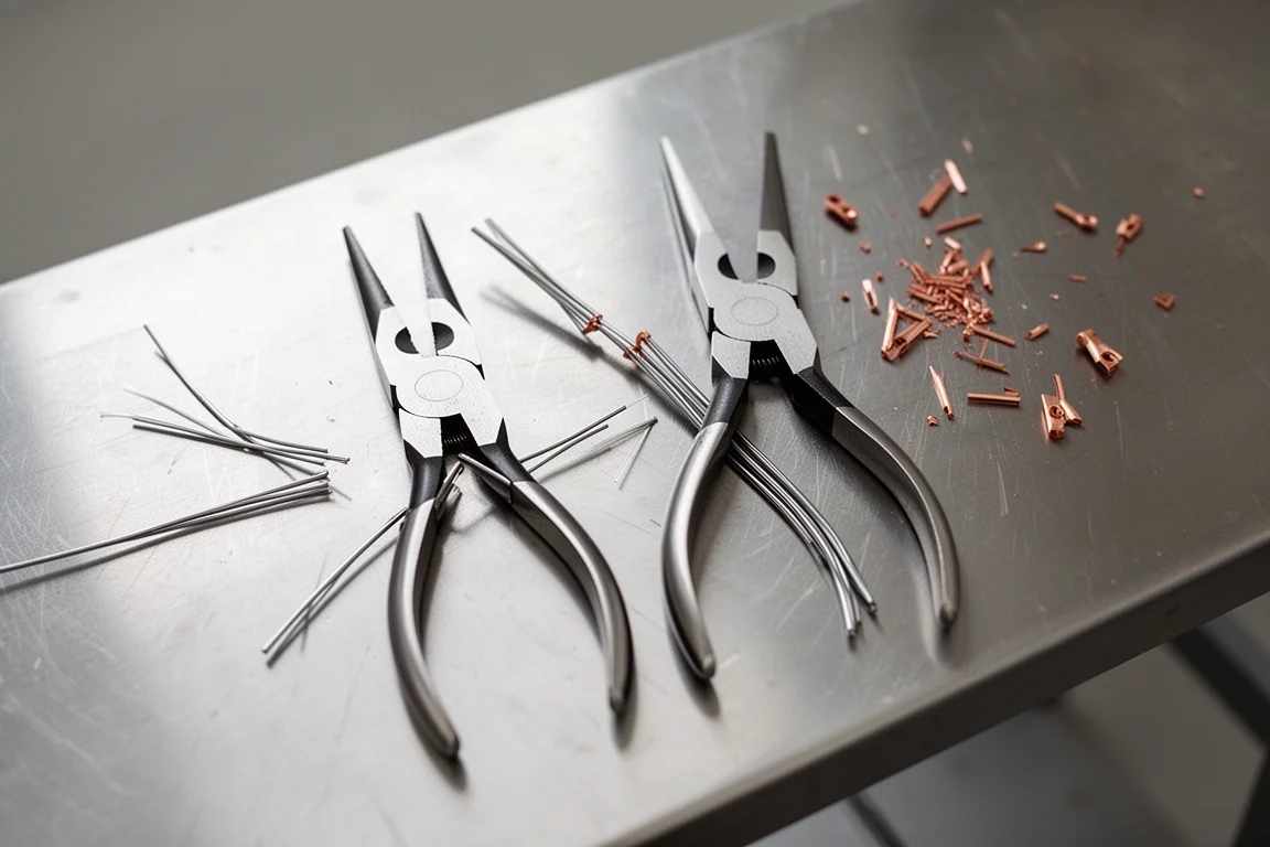 Workbench scene with two pliers and cut wire segments