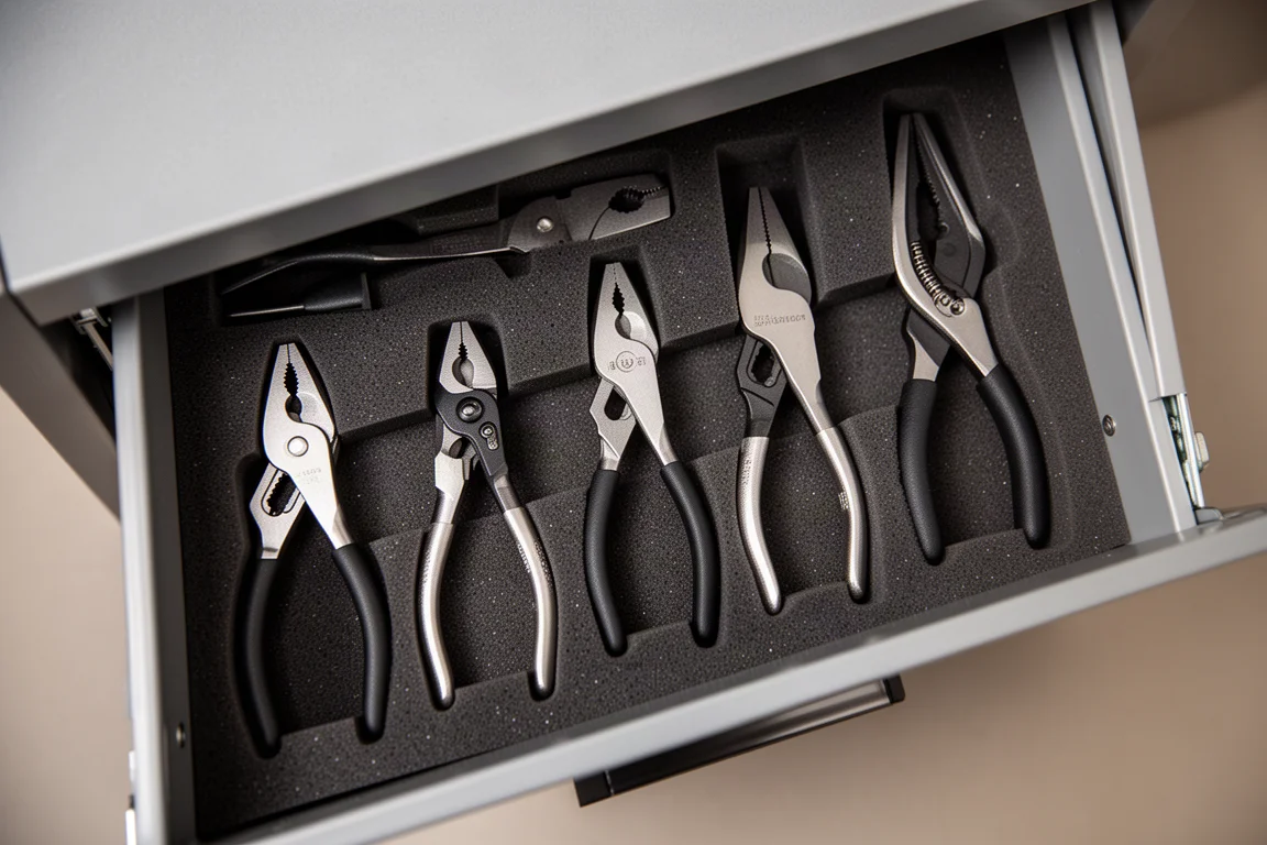 Open tool drawer with assorted pliers arranged neatly