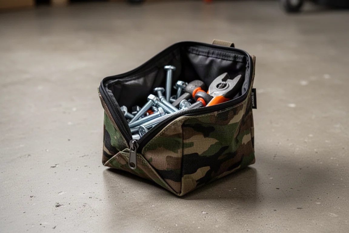 A wide-mouth utility bag opened fully so the square end forms a wide gate