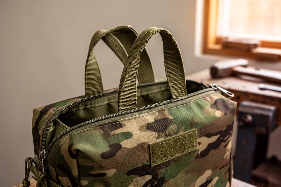 Internal carry handles being used to lift a partially open utility bag