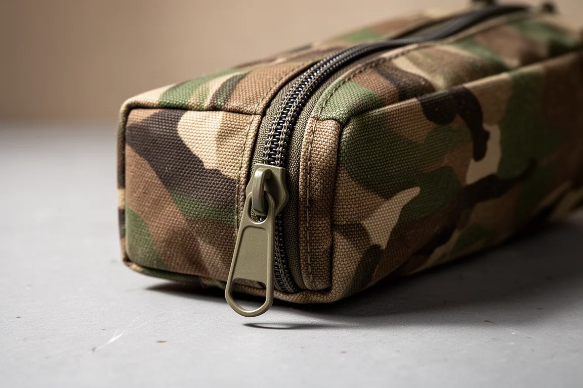 Zipper detail on a utility pouch with the zipper partially started