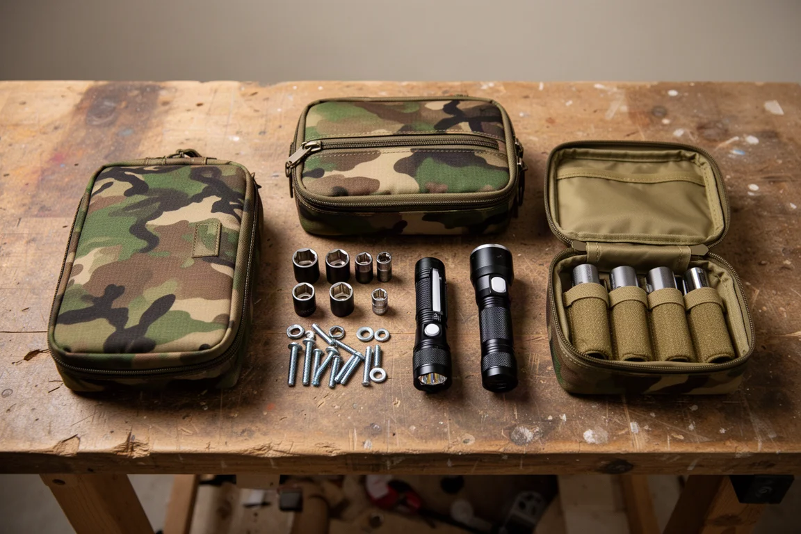 Utility bags and small tools arranged on a workshop bench