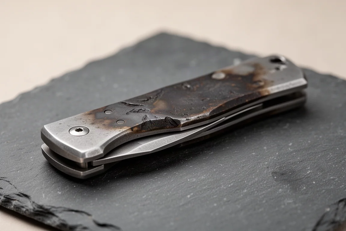 Unbehandelter Magnesiumgriff eines Taschenmessers mit natürlicher Patina und Gebrauchsspuren