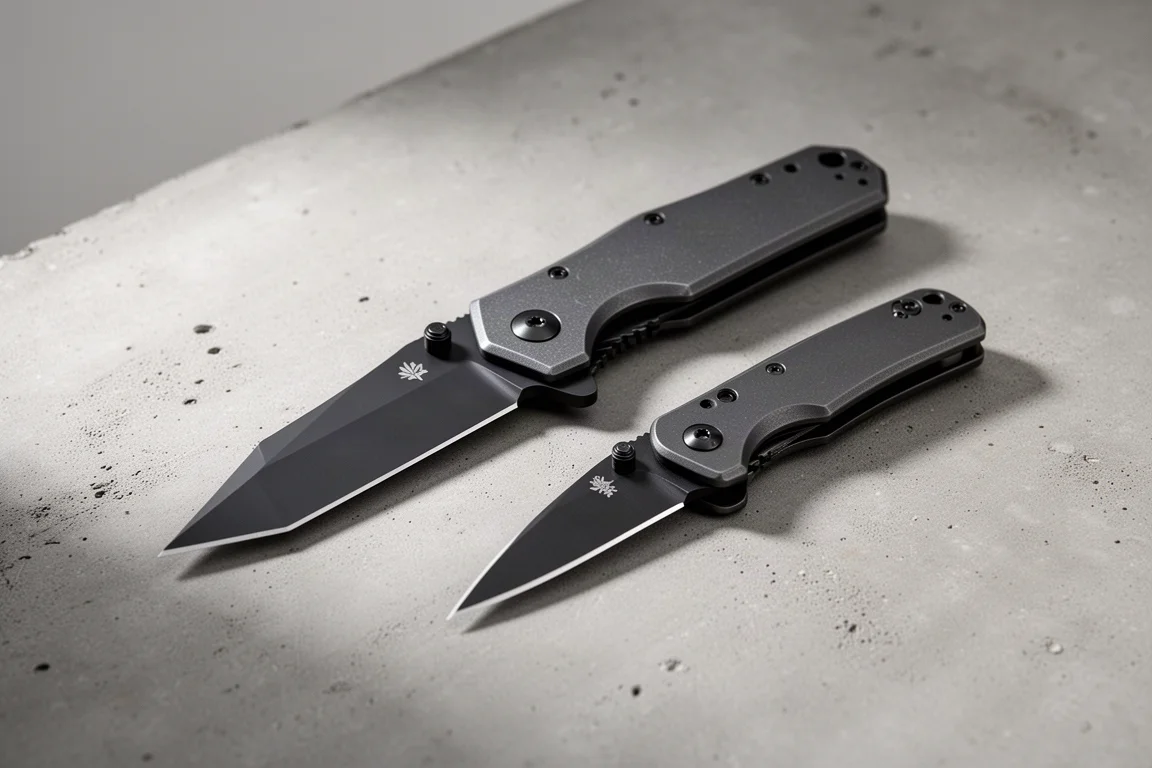 Full-size and compact folding knives with dark integral handles on concrete surface