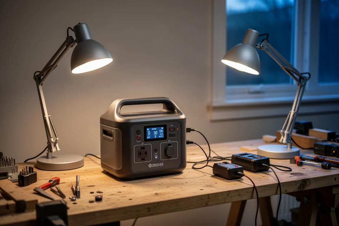 Portabel powerstation som driver lampor och verktyg i ett hemgymnasium