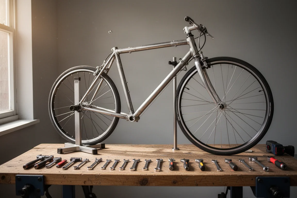 Banco da officina ordinato con utensili manuali, una ruota e un telaio di bici in luce soffusa