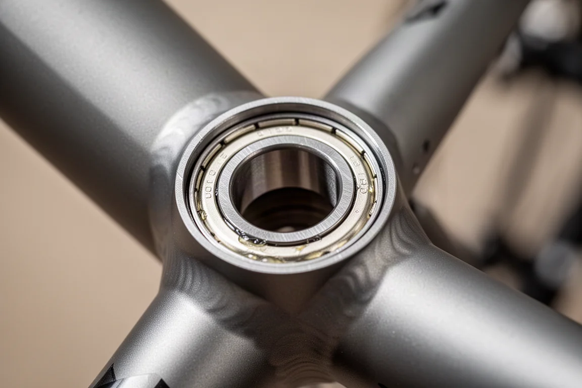 Primo piano di un cuscinetto inserito nel guscio del movimento centrale su un telaio di bici
