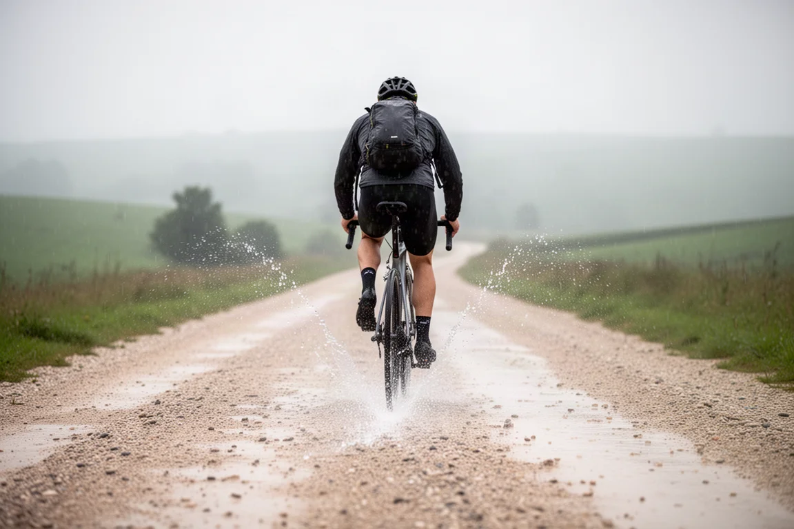 Ciclista su una strada sterrata sotto una pioggia leggera con spruzzi d'acqua dietro la ruota posteriore