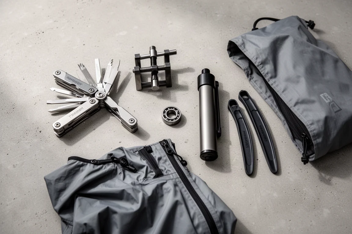 Attrezzi da ciclismo e accessori da riding disposti su una superficie di cemento, vista dall'alto