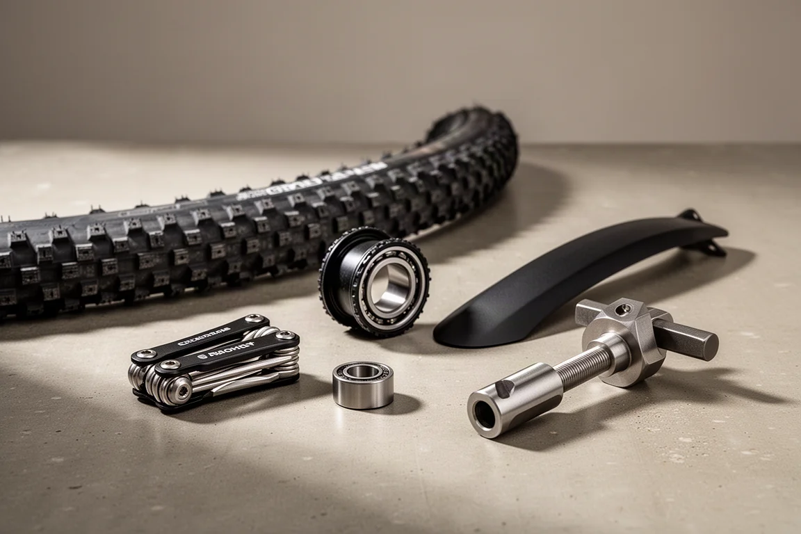 Cycling workshop items including a multi-tool, bearing, gravel tire, rear fender and bearing press on concrete