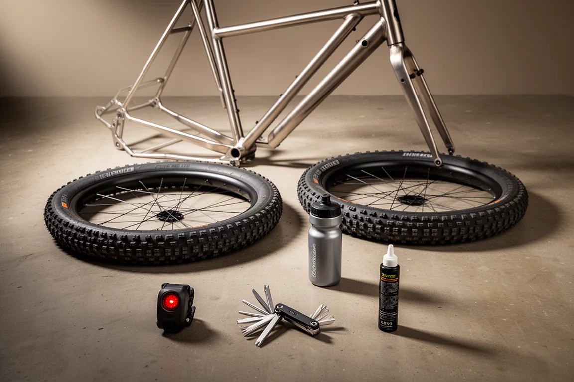 Overhead layout of titanium bike frame, gravel tires and cycling accessories on concrete