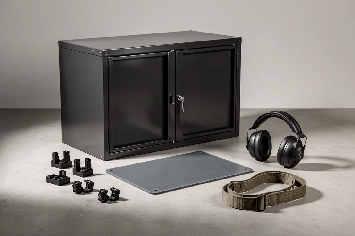 Workshop cabinet, battery holders, work surface panel, earmuffs and strap arranged on concrete