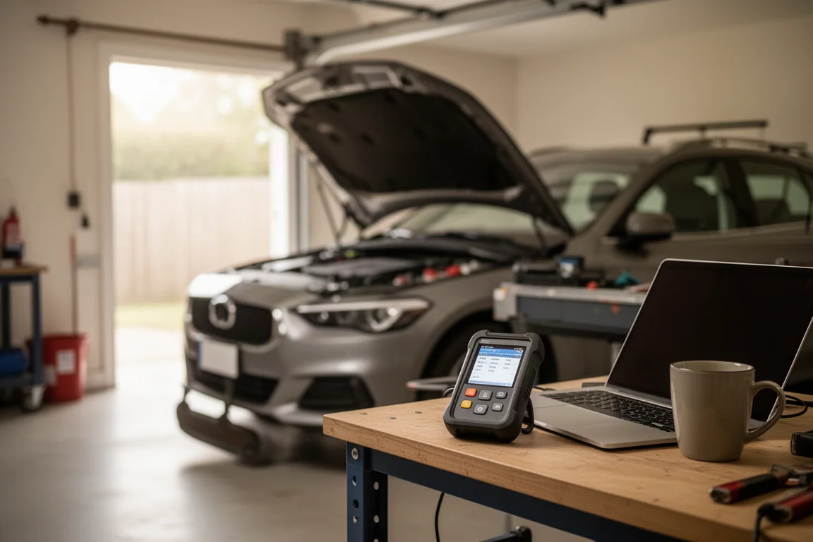 Een open motorenruimte van een auto met een diagnose-scanner verbonden op een werkbank in de buurt