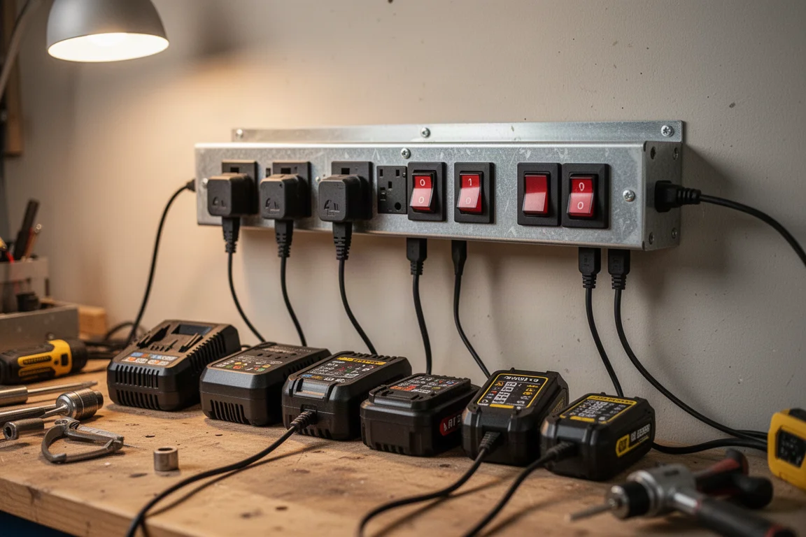 Een metalen stekkerdoos met afzonderlijke schakelaars die verschillende acculaders van gereedschap van stroom voorzien in een werkplaats