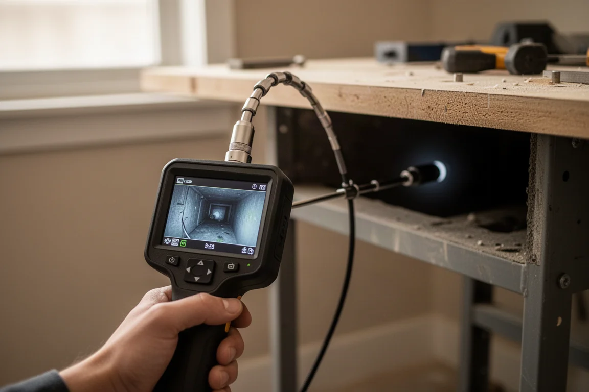Scherm van een inspectiecamera met live beeld van de binnenzijde van een donkere kast