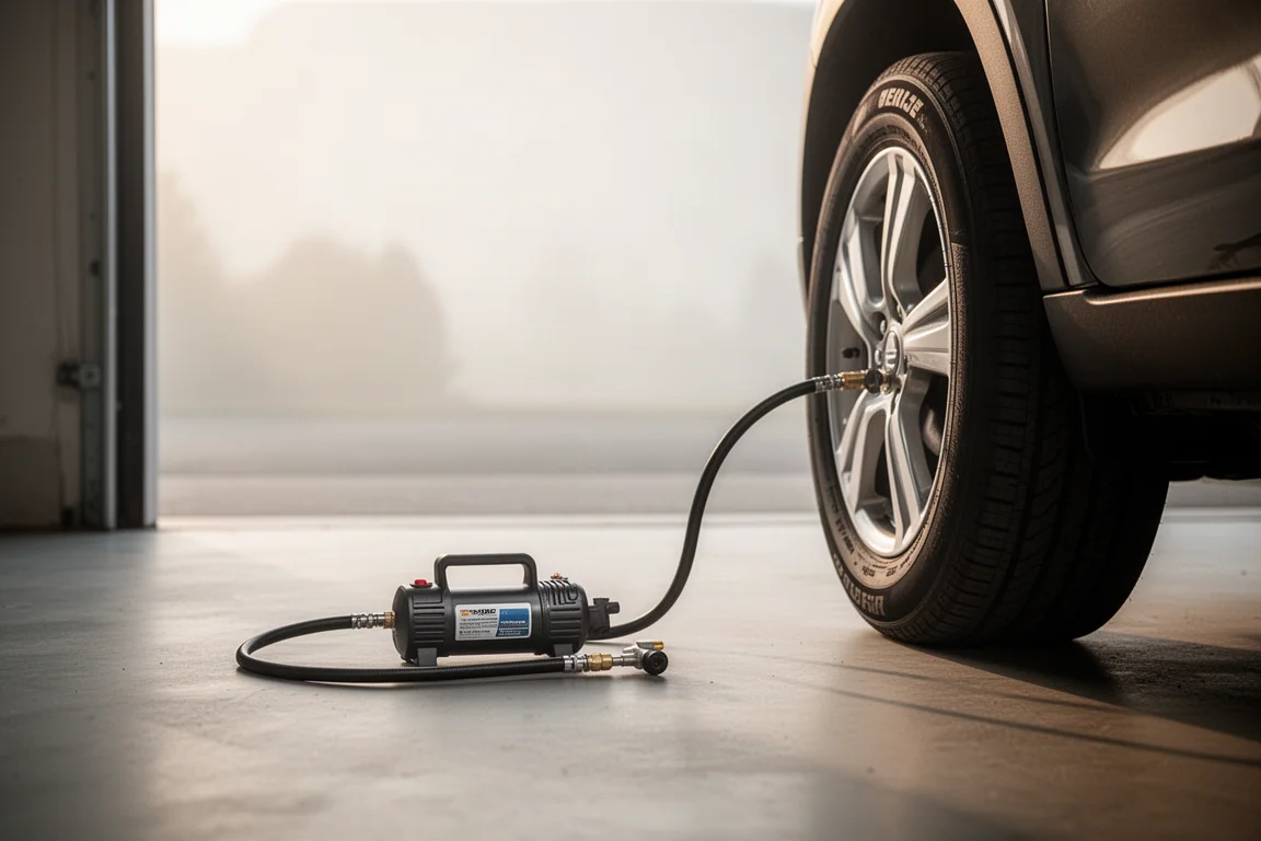 Compacte compressor die lucht in een autoband pompt naast een geparkeerde auto