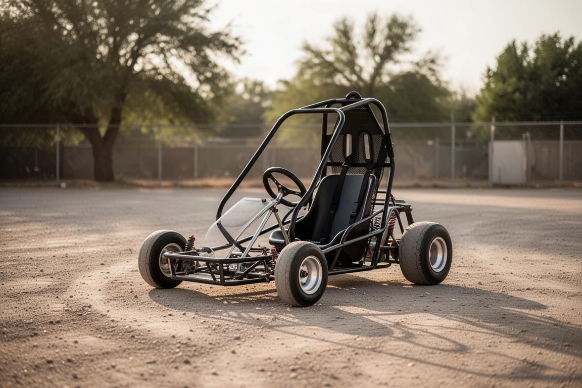 Go-kart op een stoffig gravelterrein met een rolbeugel in het middaglicht