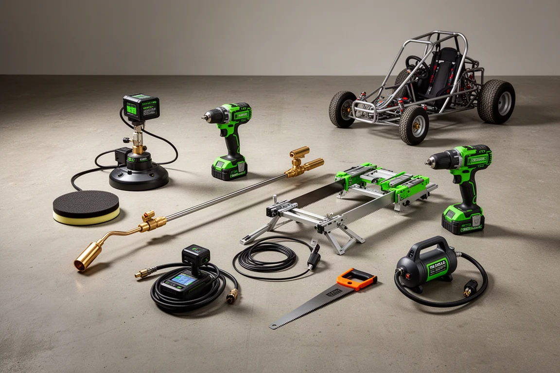 Flat-lay of tested workshop tools including a suction lifter, torch, drill, saw, and inspection camera on concrete