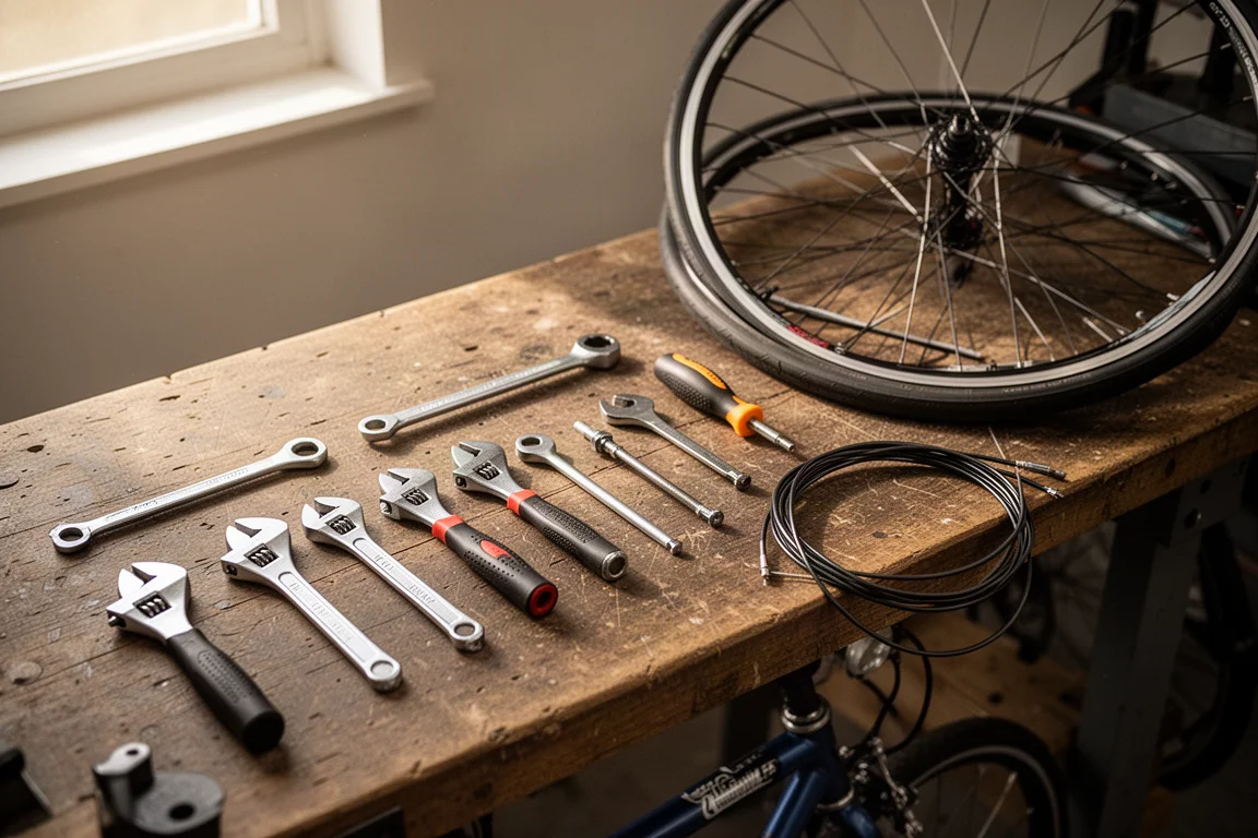 Vista cenital de un banco de taller de bicicletas ordenado con herramientas manuales dispuestas junto a una rueda