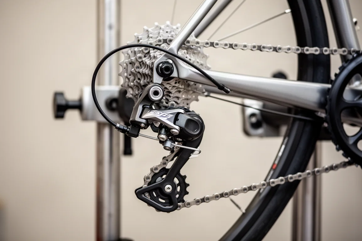 Desviador trasero y puntera en una bicicleta sujeta en un soporte de reparación