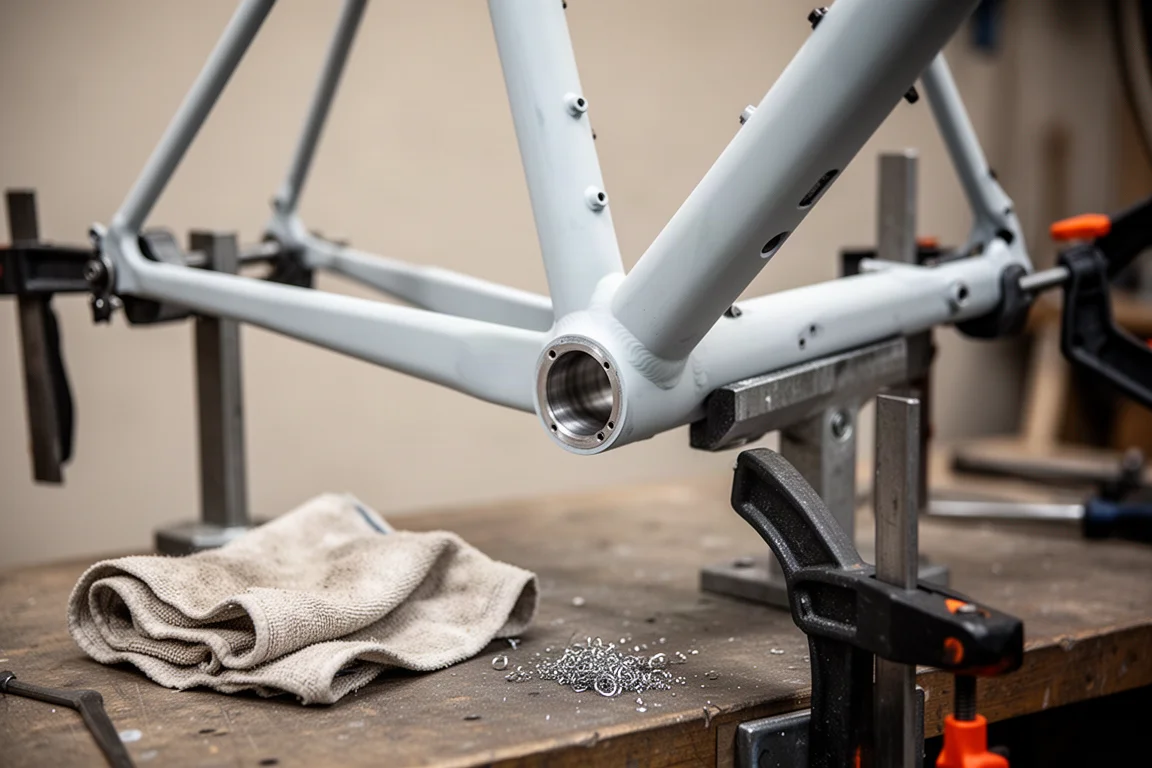 Cuadro de bicicleta sin pintar en un soporte de taller con el anclaje del freno de disco enfocado