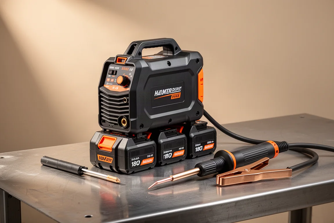 Cordless stick welder power head on four 18V batteries with electrode holder and clamp on a workbench