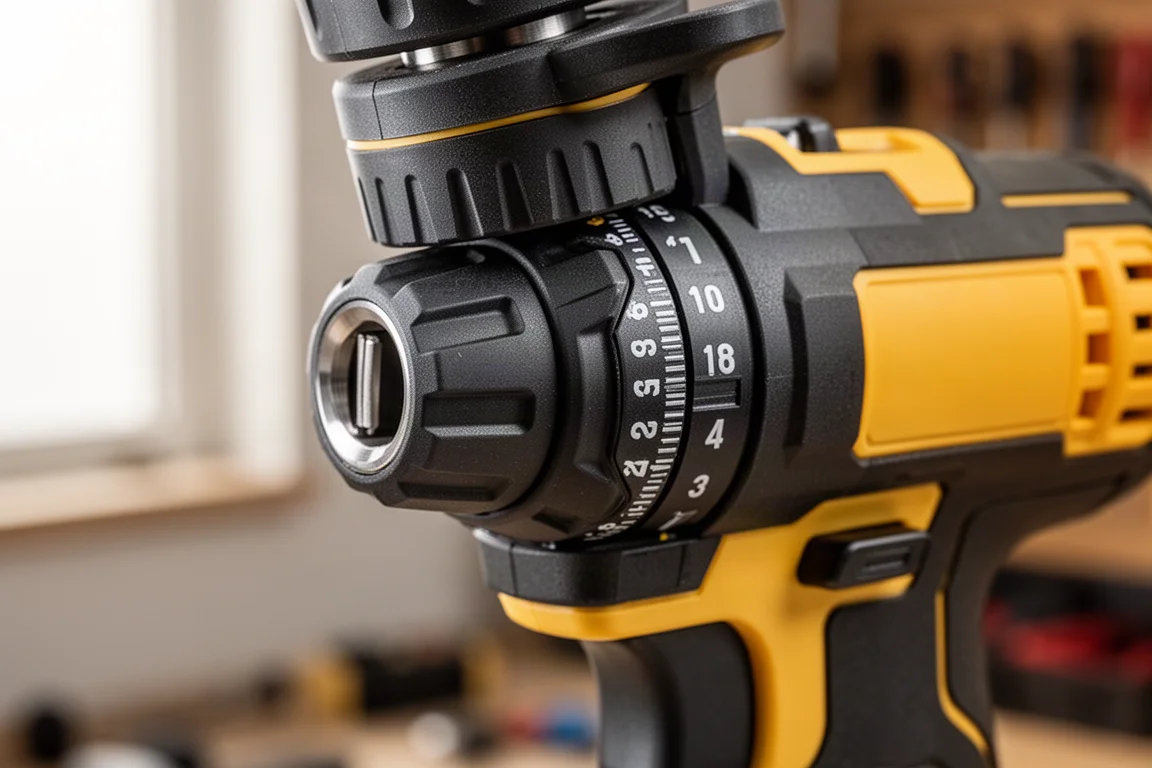Close-up of a drill mode selector ring with hammer, drill, and screw settings