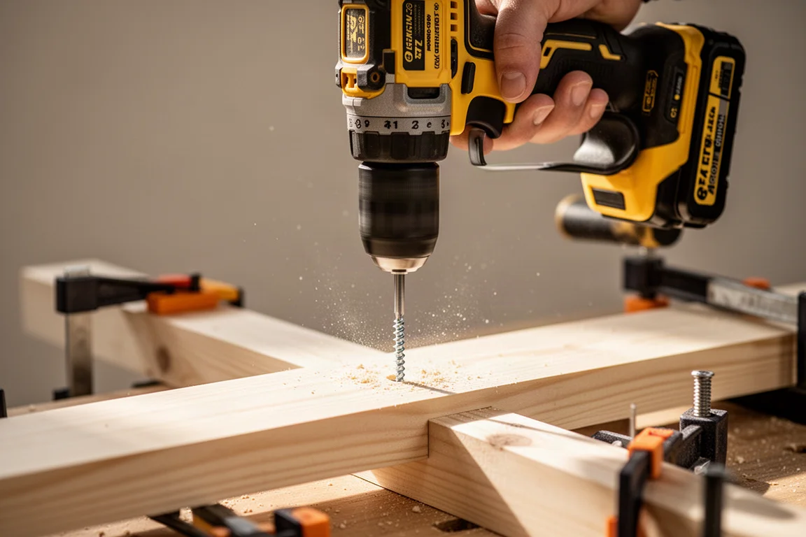 Drill driver driving a screw into a timber plank on a workbench