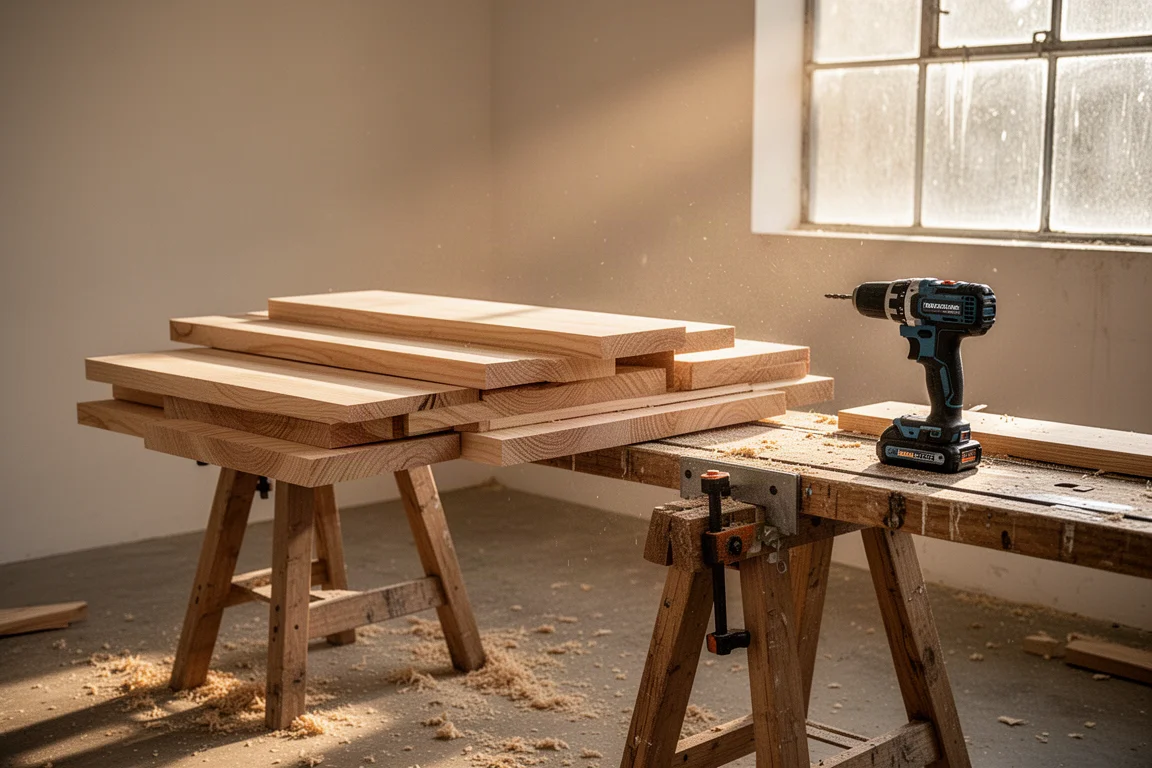 Workshop scene with stacked timber boards and a cordless drill resting nearby