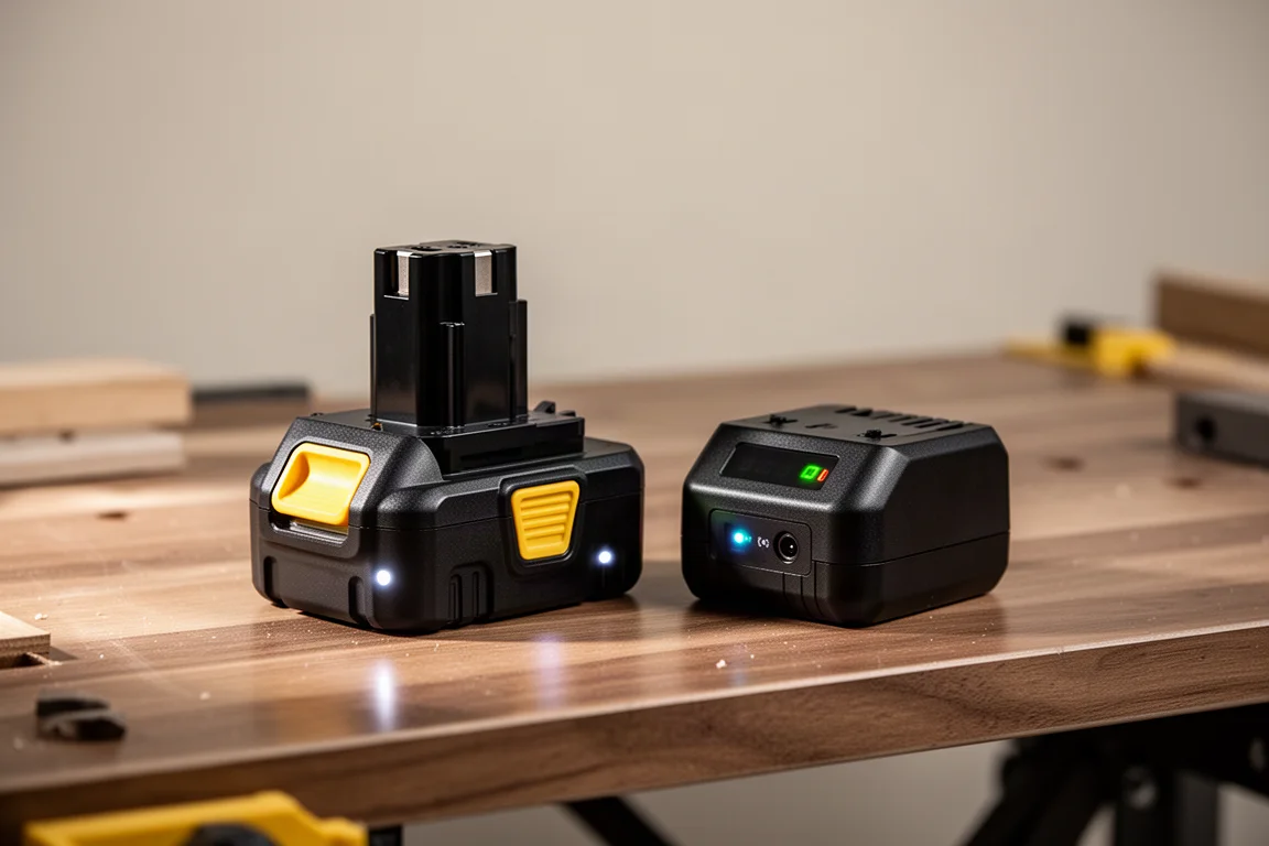 Battery pack and fast charger arranged on a workshop bench