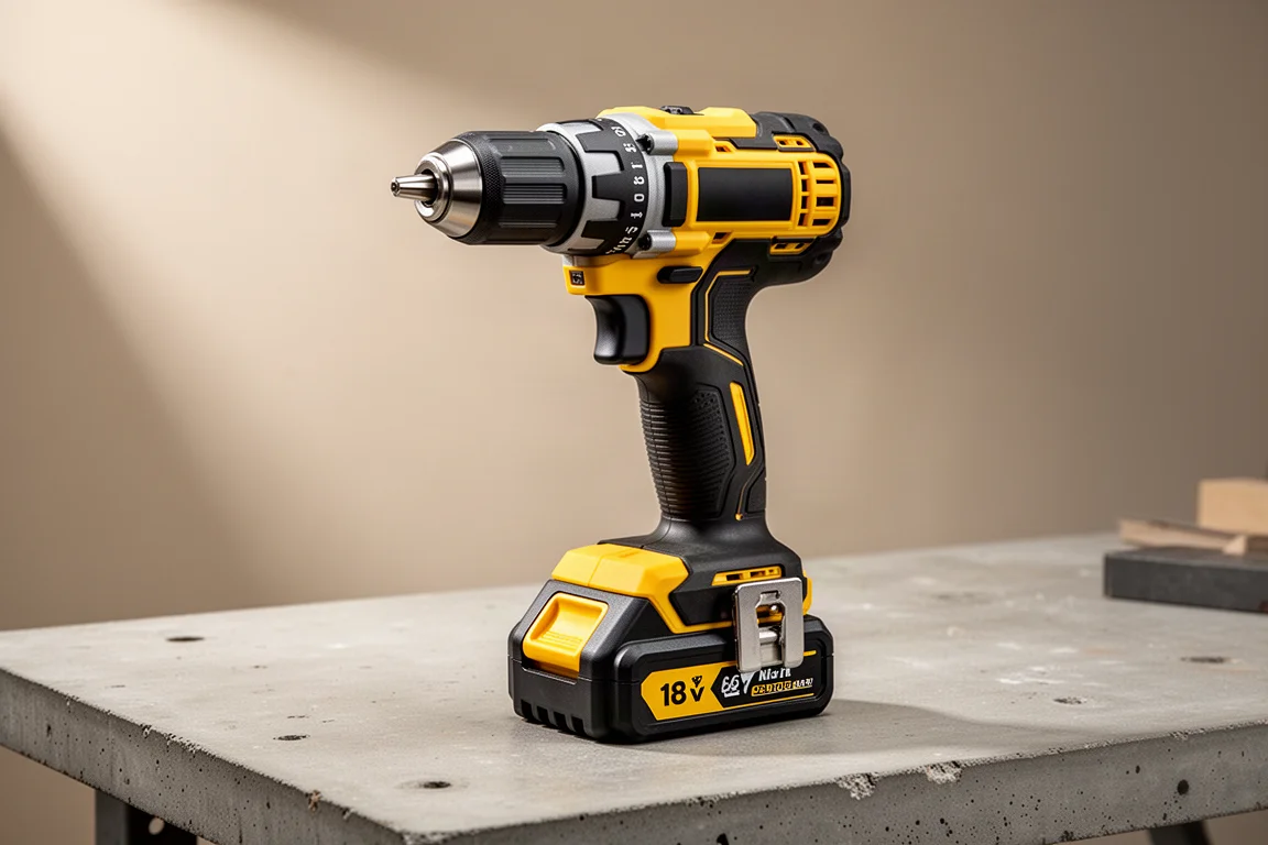 Yellow and black cordless hammer drill with battery pack on a concrete bench