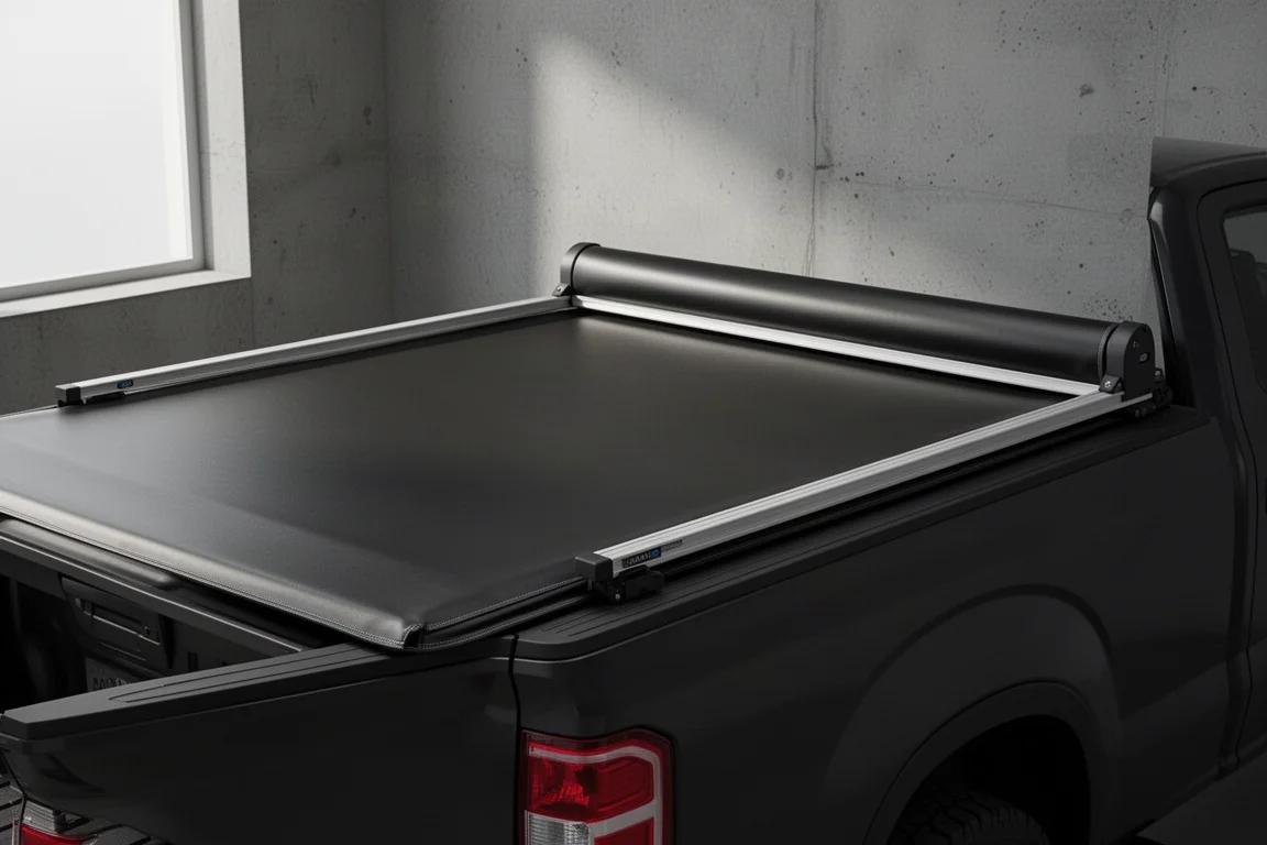 Soft vinyl tonneau cover stretched over a pickup truck bed with aluminum side rail