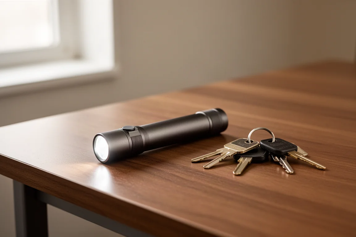 Flat-bodied flashlight resting in an open palm to show its slim profile