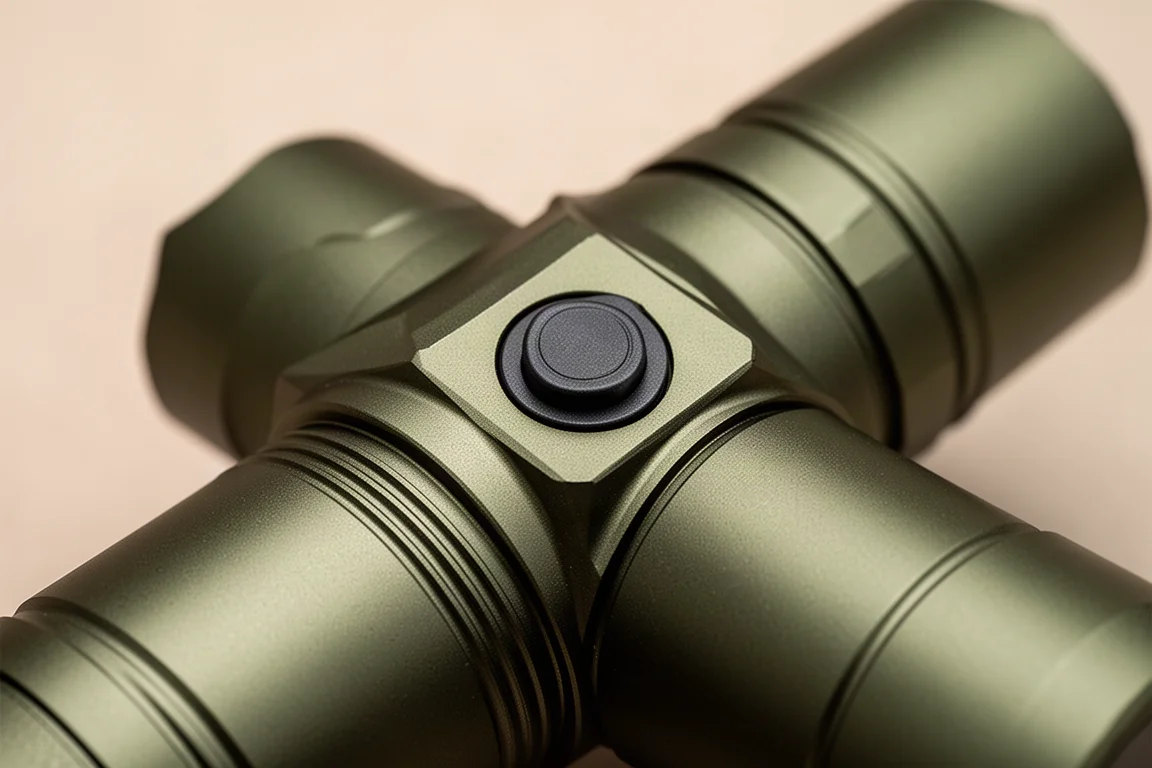 Rear tail switch of a cylindrical flashlight shown in close-up detail