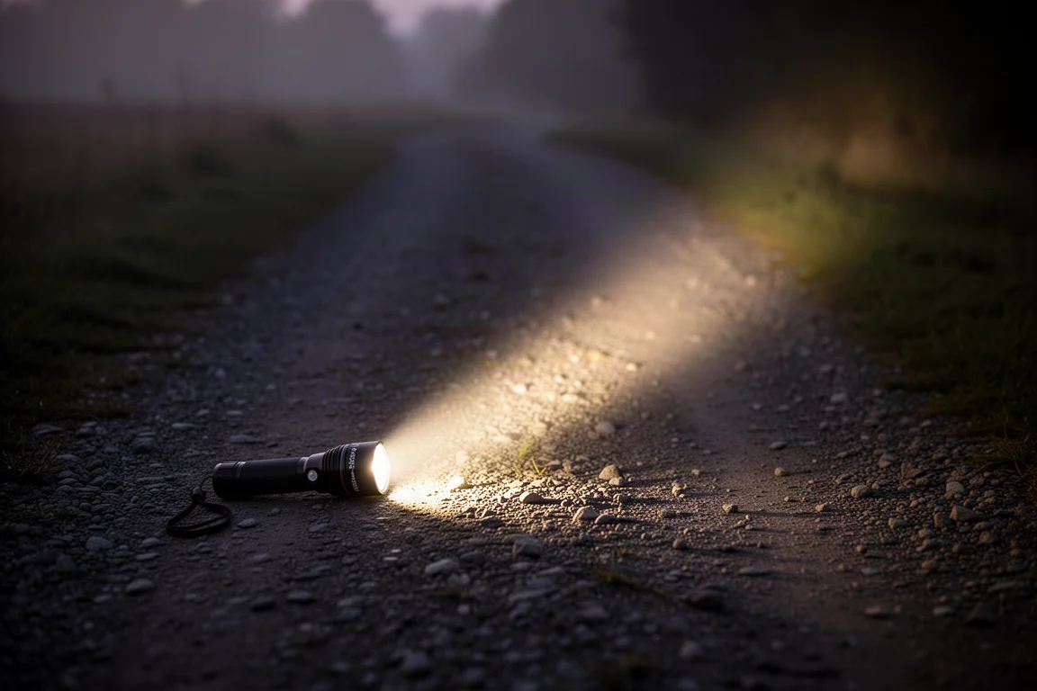 Flashlight casting a bright focused beam across a dark surface at night