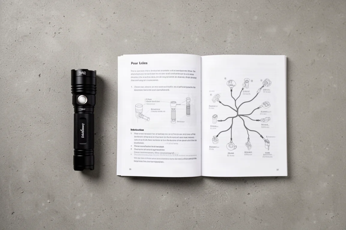 Printed instruction manual with a flowchart laid open next to a flat flashlight