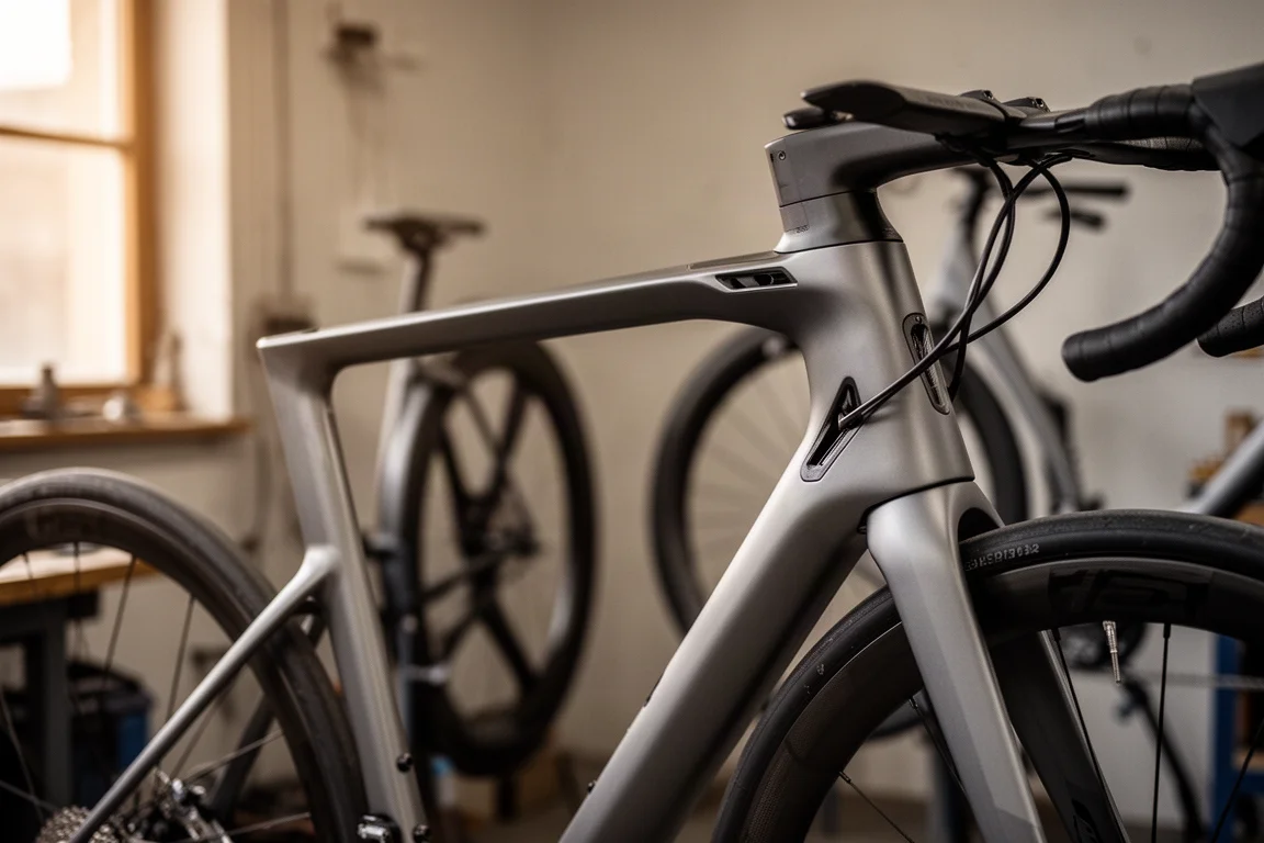 Vue rapprochée d'un cadre de vélo de route aéro montrant des tubes aplatis et un cockpit intégré