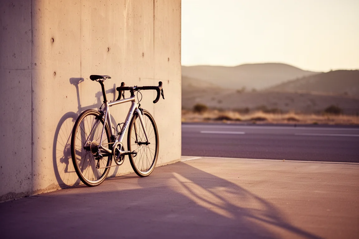 Vélo de route aéro à petit cadre appuyé contre un mur de béton clair à l'heure dorée