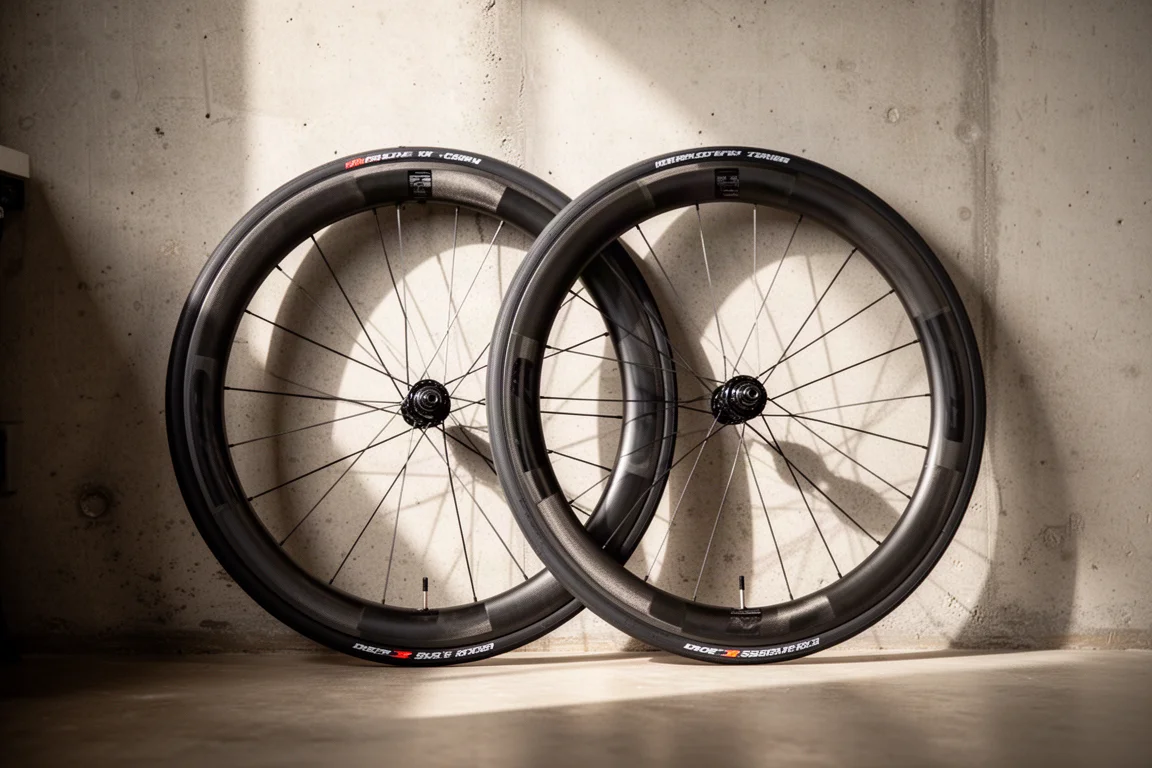 Paire de roues de course en carbone à profil haut posées contre un mur de béton brut