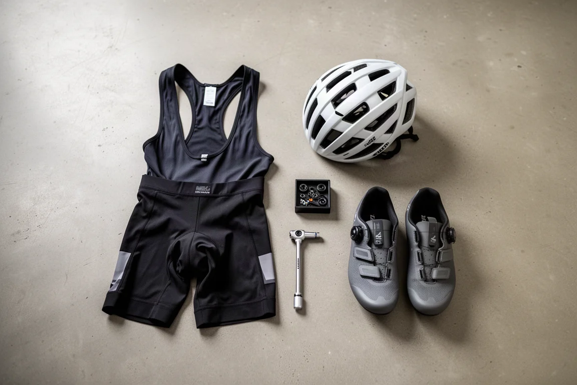 Vue à plat du dessus d'essentiels de cyclisme sur un sol en béton, dont casque et chaussures