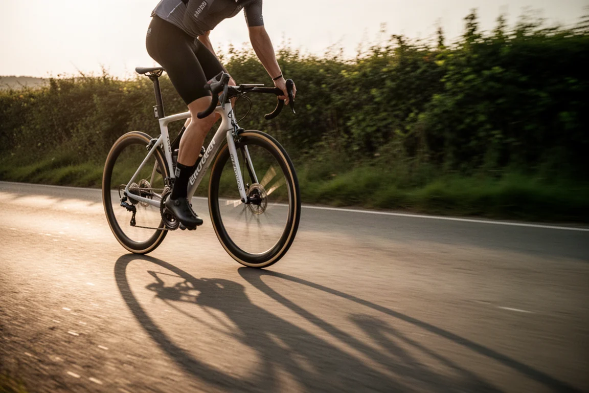 Rennradfahrer auf glattem Asphalt zur goldenen Stunde, von hinten gesehen