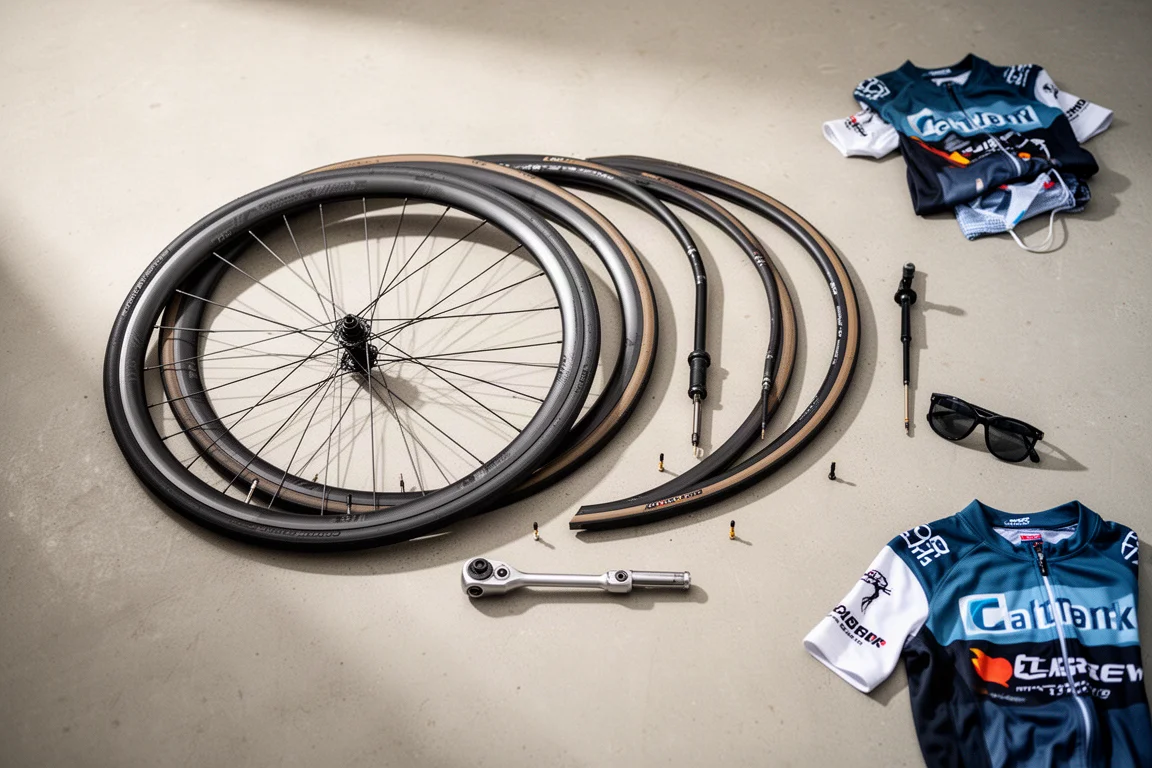Draufsicht auf einen Rennrad-Laufradsatz und einen Drehmomentschlüssel auf Beton