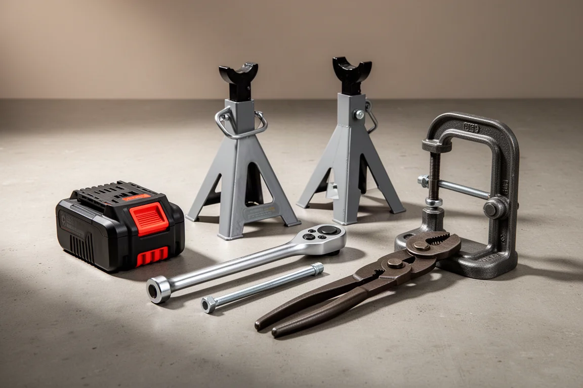 Assorted workshop tools including a battery, jack stands, ratchet, bolt cutters and a C-clamp on concrete