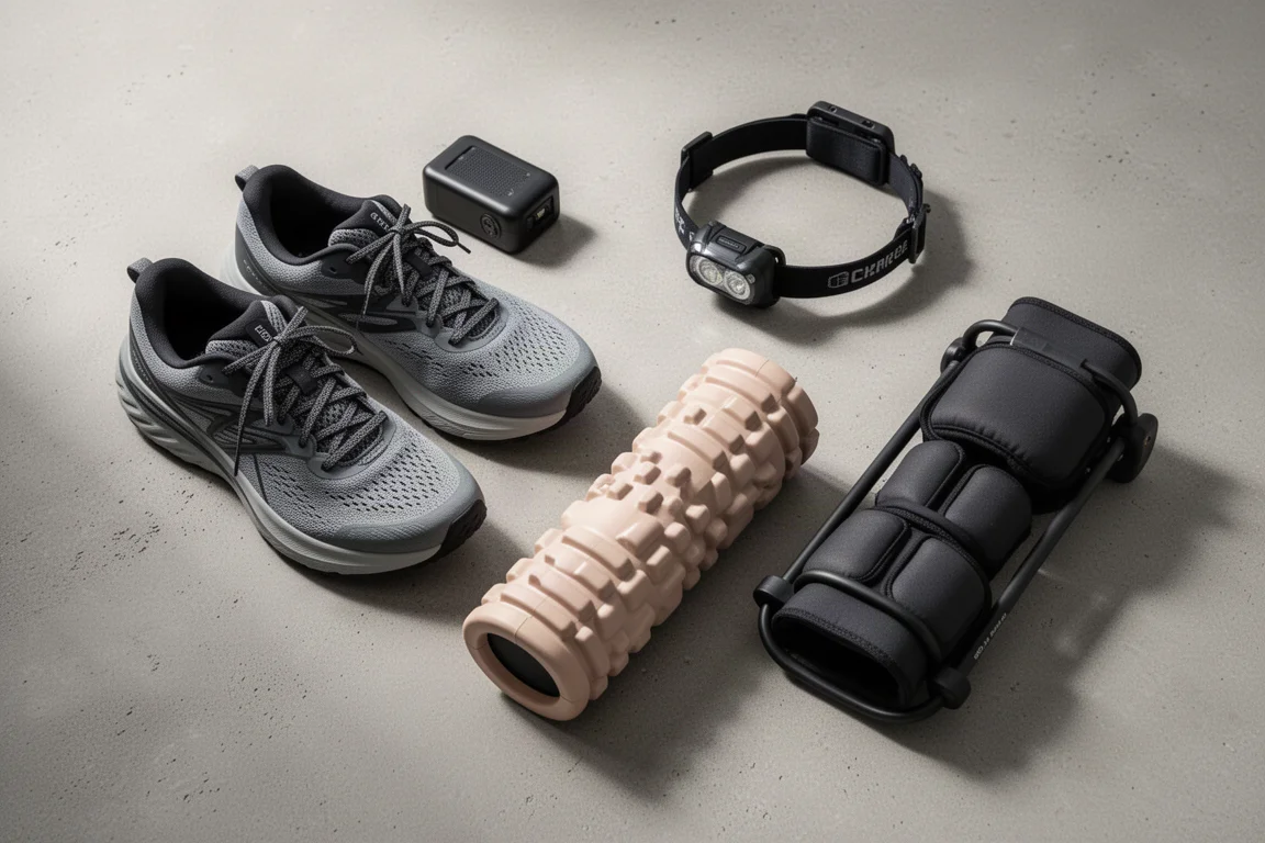 Composizione flat-lay di scarpe da corsa, torcia frontale, foam roller e dispositivi di recupero su cemento