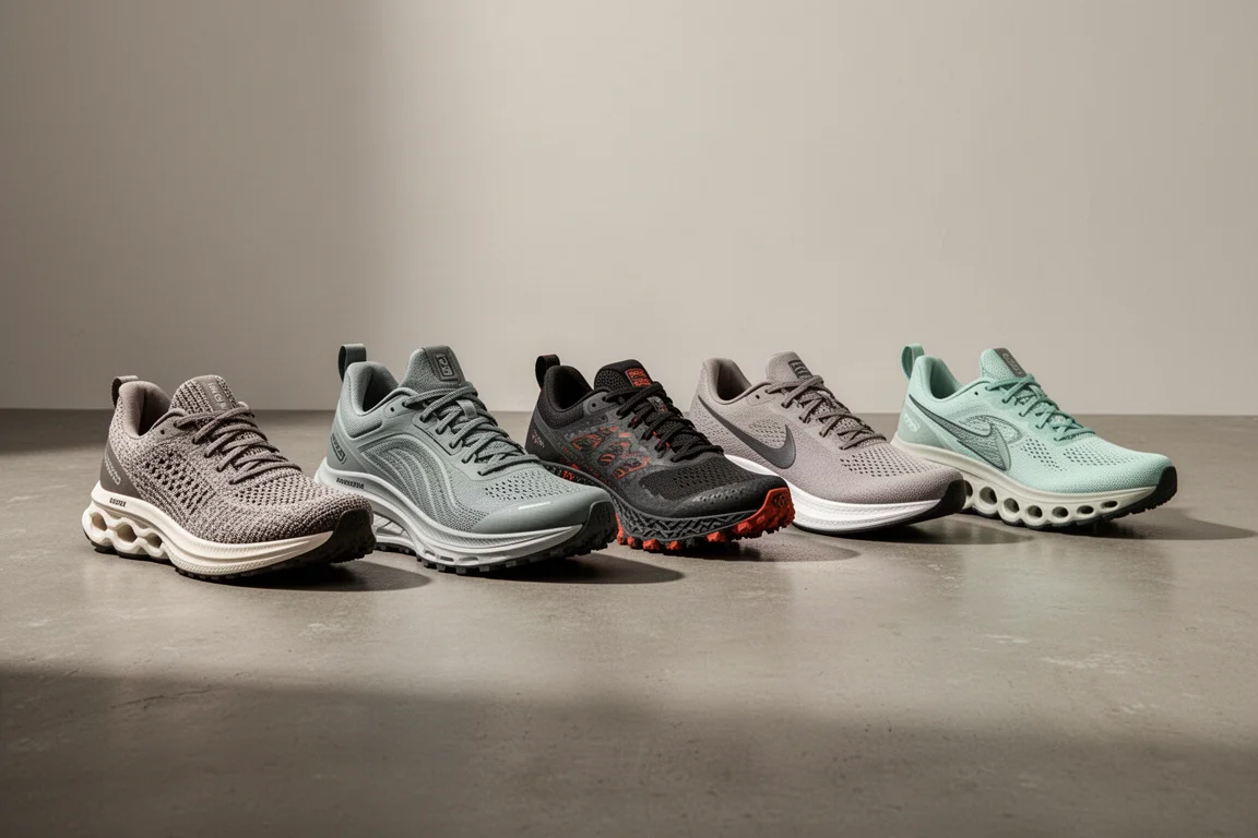 Five different running shoes arranged in a row on a concrete studio floor