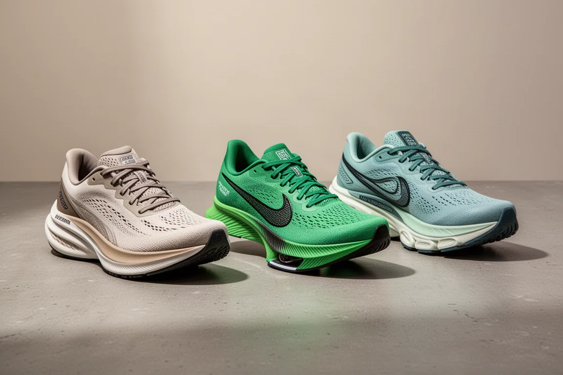 Tre scarpe da running allineate su una superficie di cemento