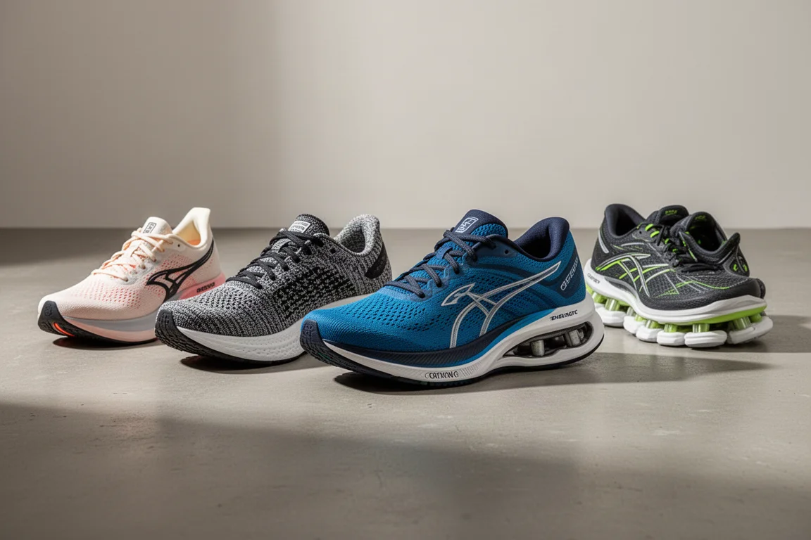 Five road running shoes lined up on a matte concrete surface